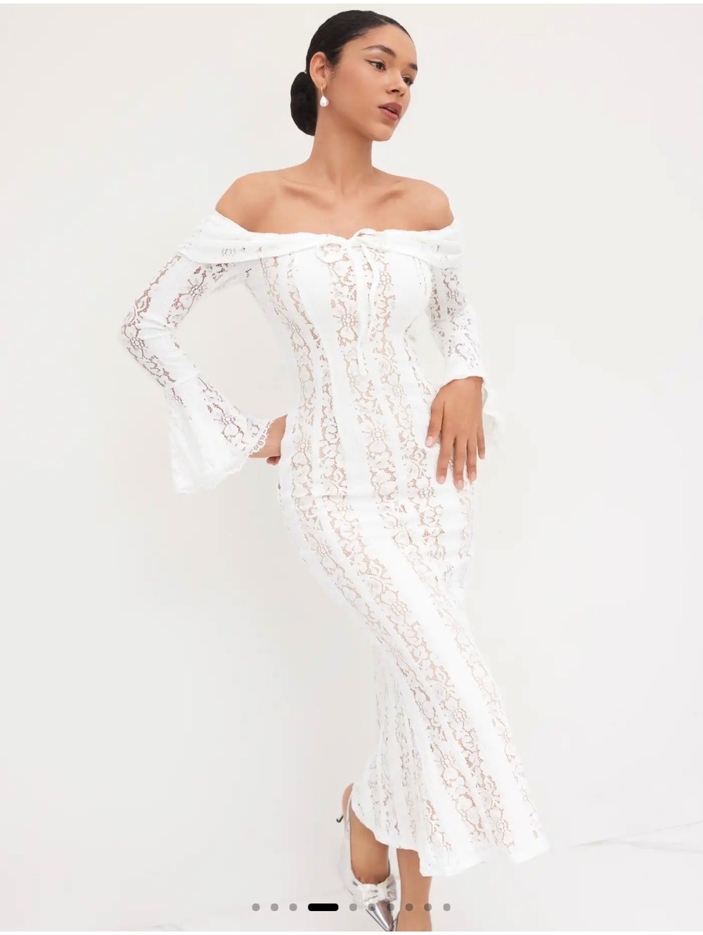 Cider White Off Shoulder Lace Midi Dress - S